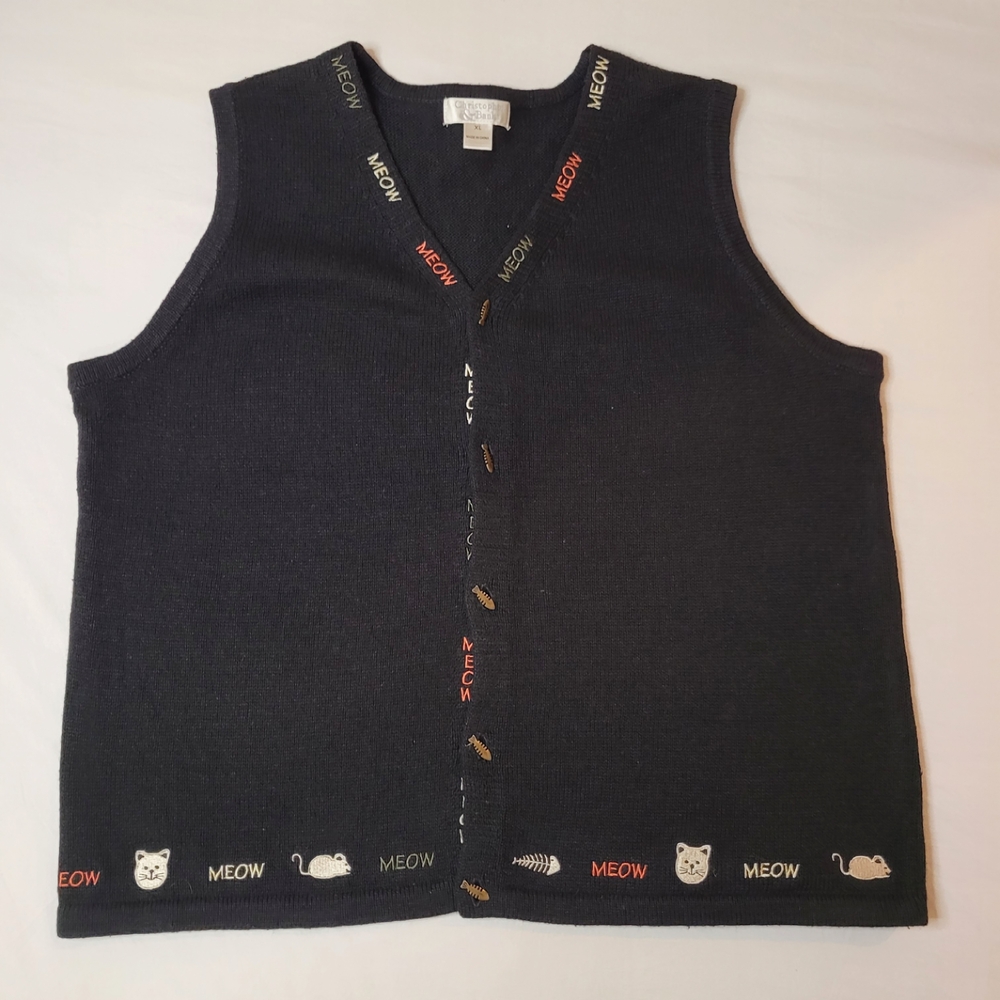 "Cat And Mouse" Black V-Neck Knit Vest Christoper & Banks